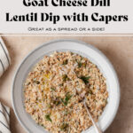 Lentil dip shown in a grey bowl with white strip along the edge. Spoon resting in the dip on the right side of the bowl. On a beige background with a black and white striped napkin on the left. Title in photo.