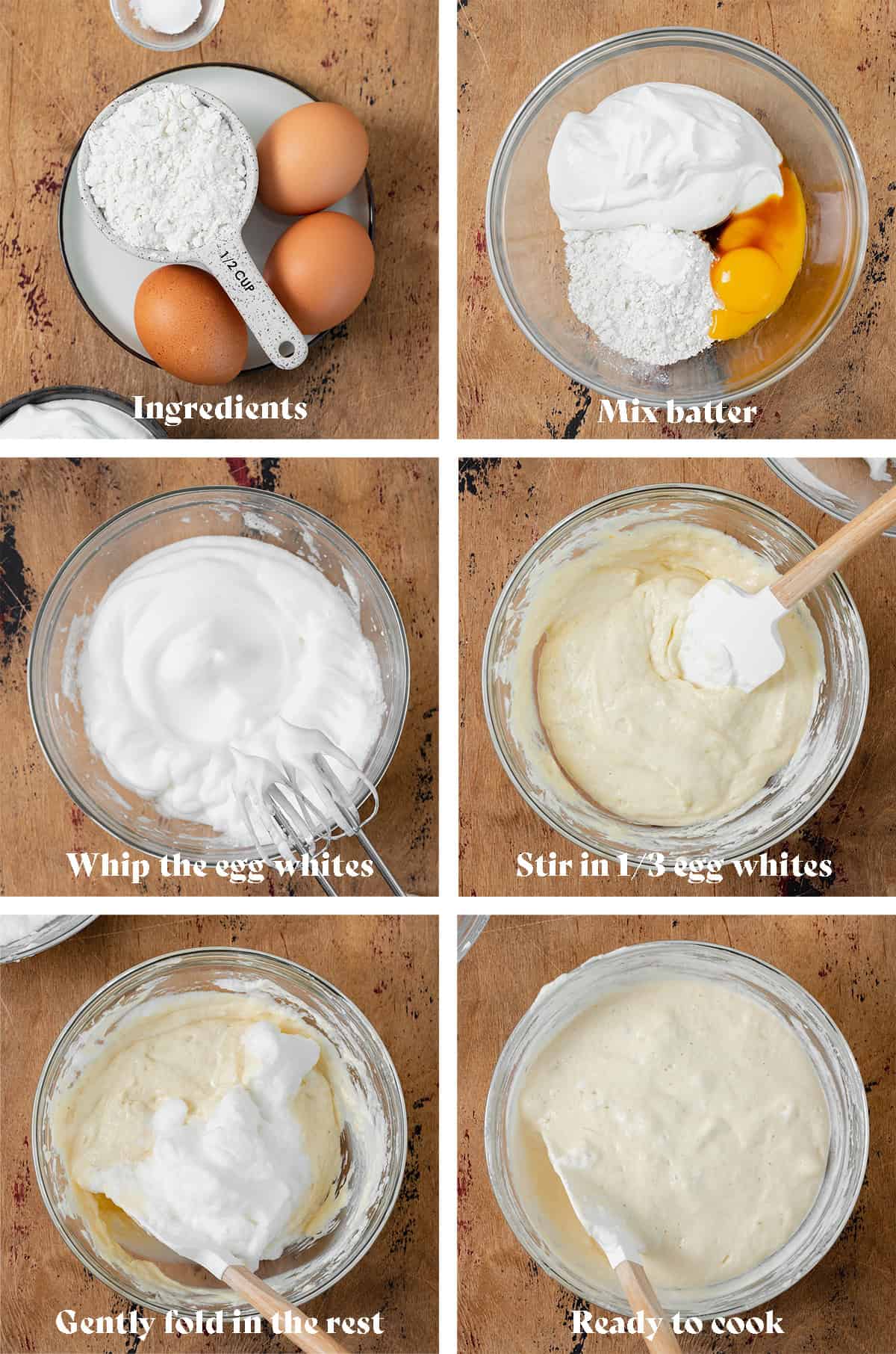 Step by step photos of how to make greek yogurt pancakes.