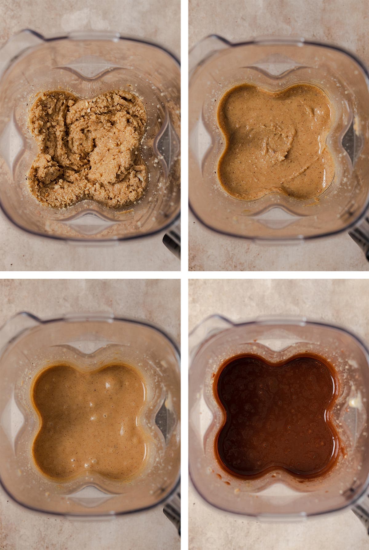 Four process shots of homemade hazelnut butter with cacao in a blender. Overhead shot.