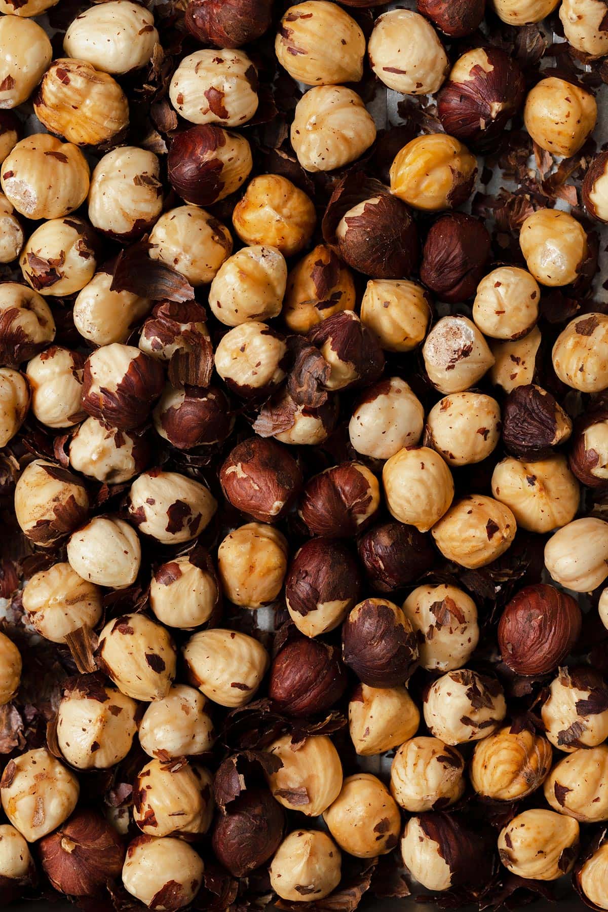 A close up of roasted hazelnuts with their skins removed.