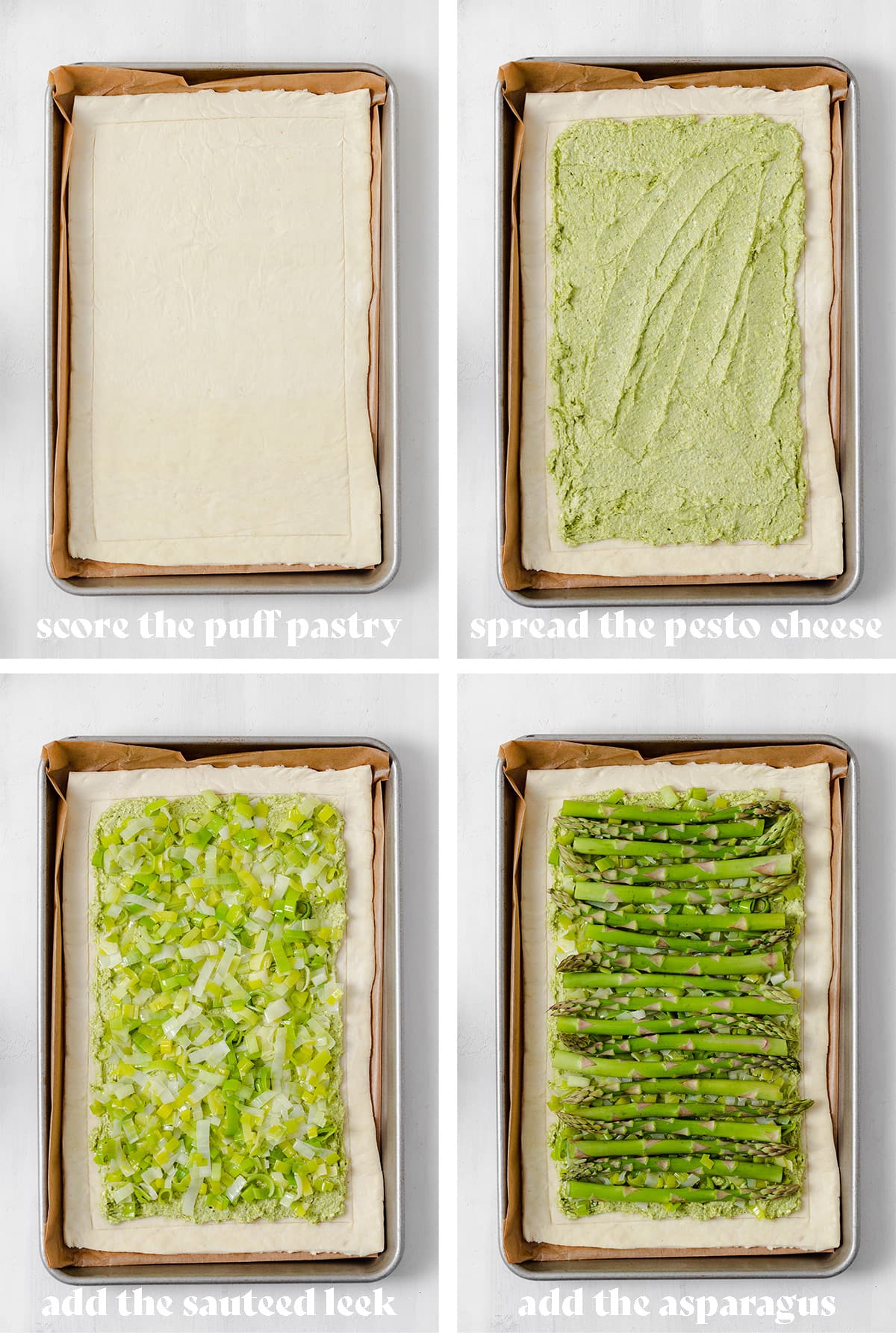 Step by step photos of how to make asparagus leek tart. Puff pastry on a baking sheet with toppings.