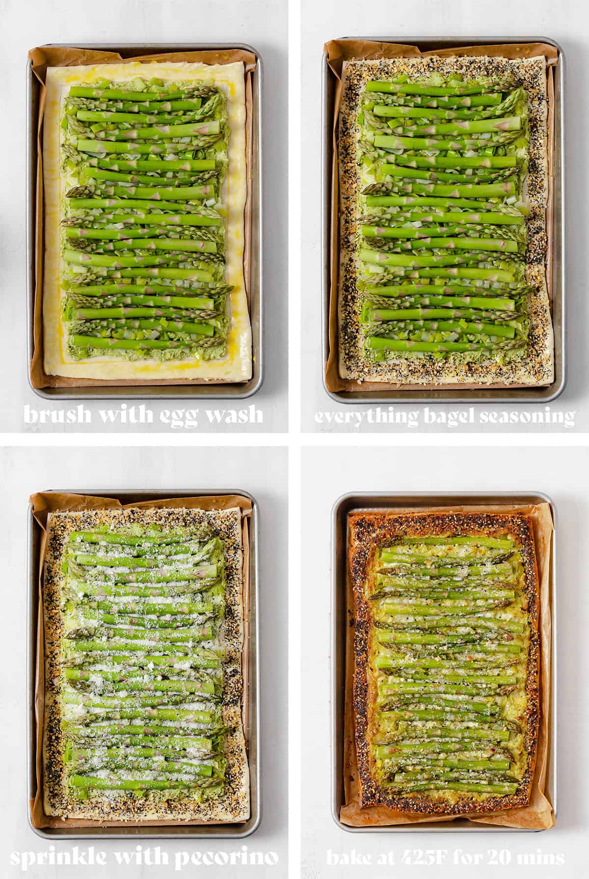 Step by step photos of how to make asparagus leek tart. Puff pastry on a baking sheet with toppings.