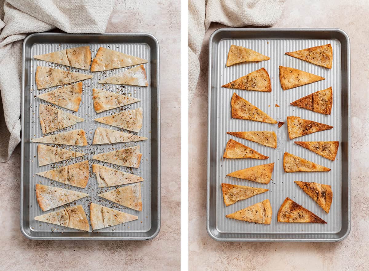 Two photos of homemade pita chips on a baking tray before and after baking. Before on the left and after on the right.