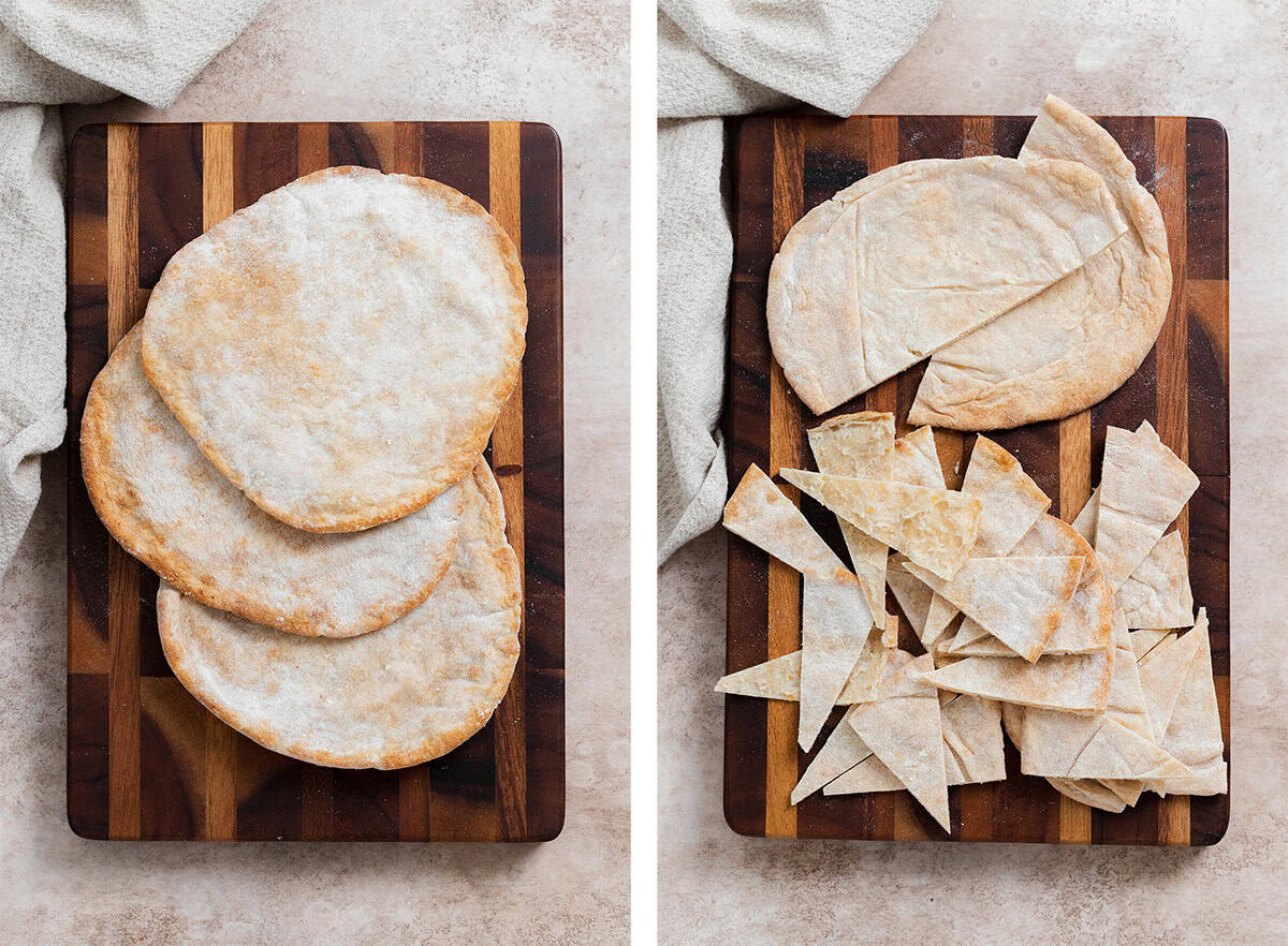 Three pitas on a wooden cutting board - photo of the left of whole pitas, photo on the right of pita cut up into triangles.