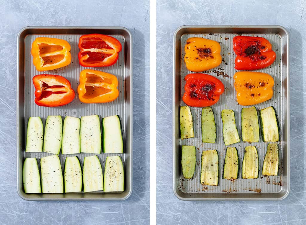 Two photos of bell peppers and zucchini slices on a baking sheet. On the left before roasting, on the right after roasting.