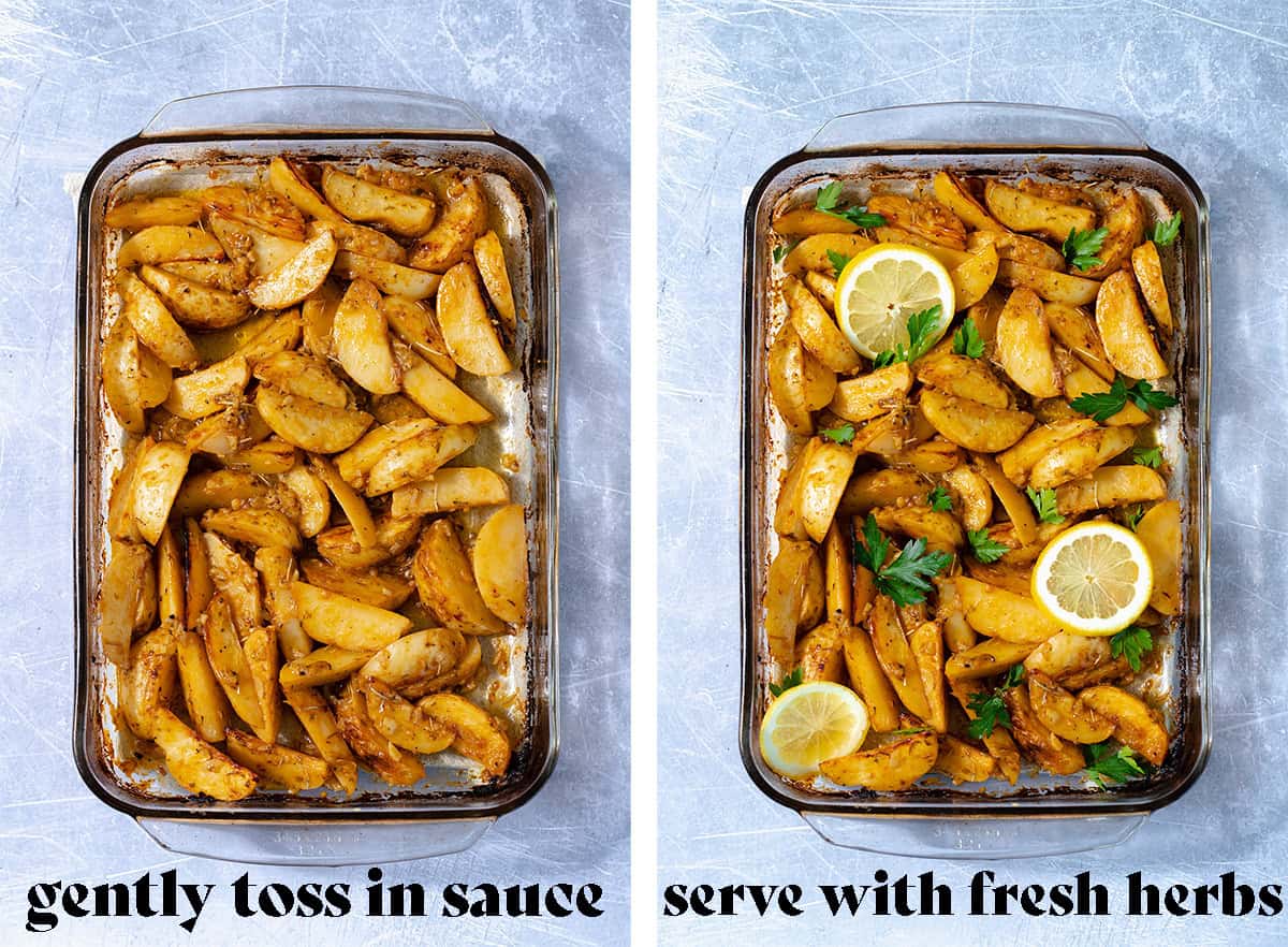 The last two steps on how to make the potatoes - toss in sauce and serve.