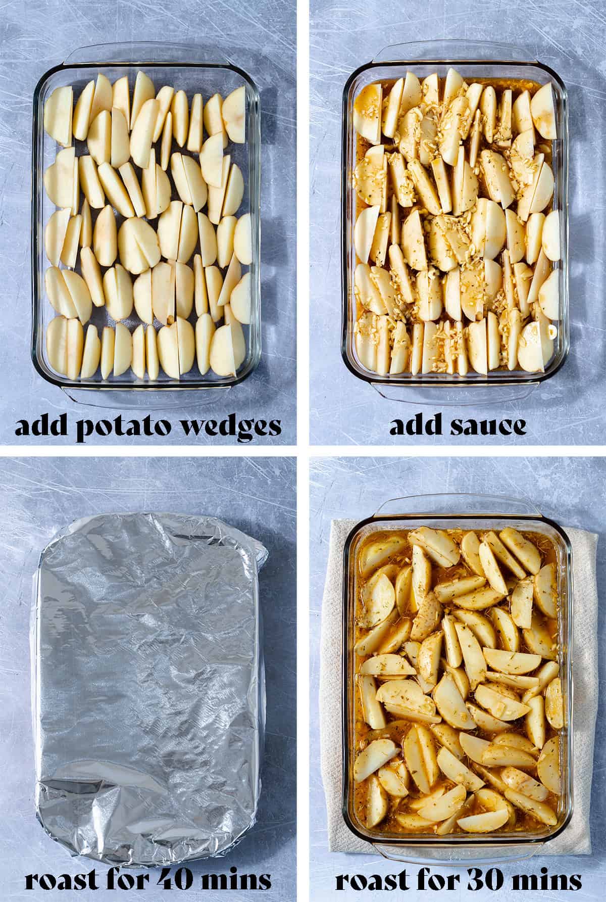 Four step by step photos of how to make Mediterranean Potatoes