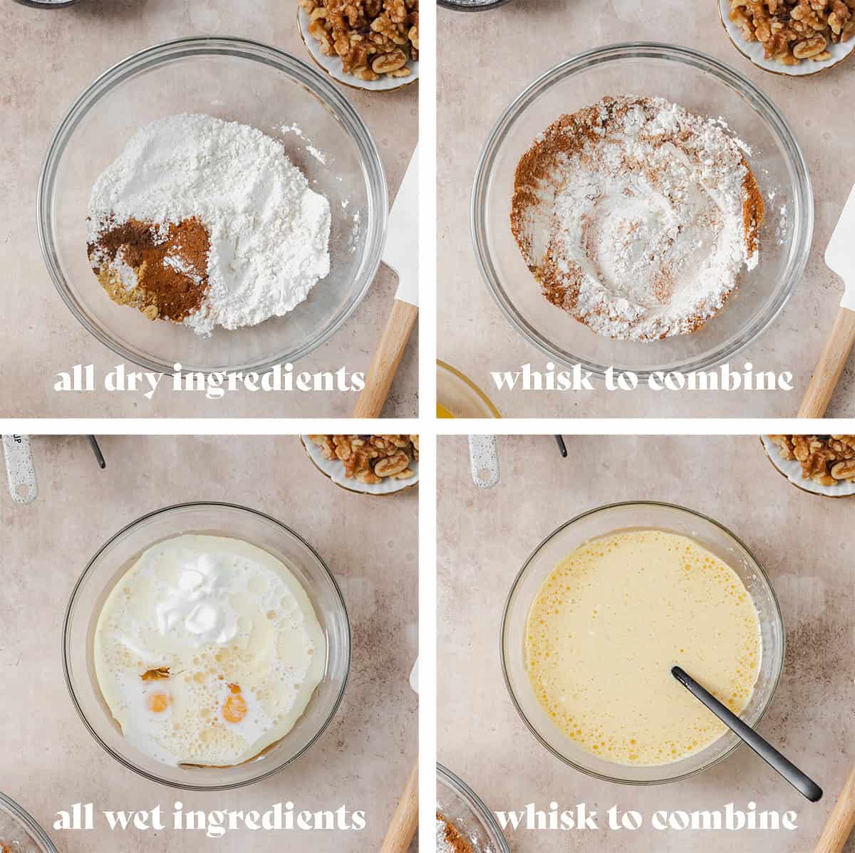 Four process photos of how to make carrot cake waffles step by step. Ingredients being mixed in a bowl.