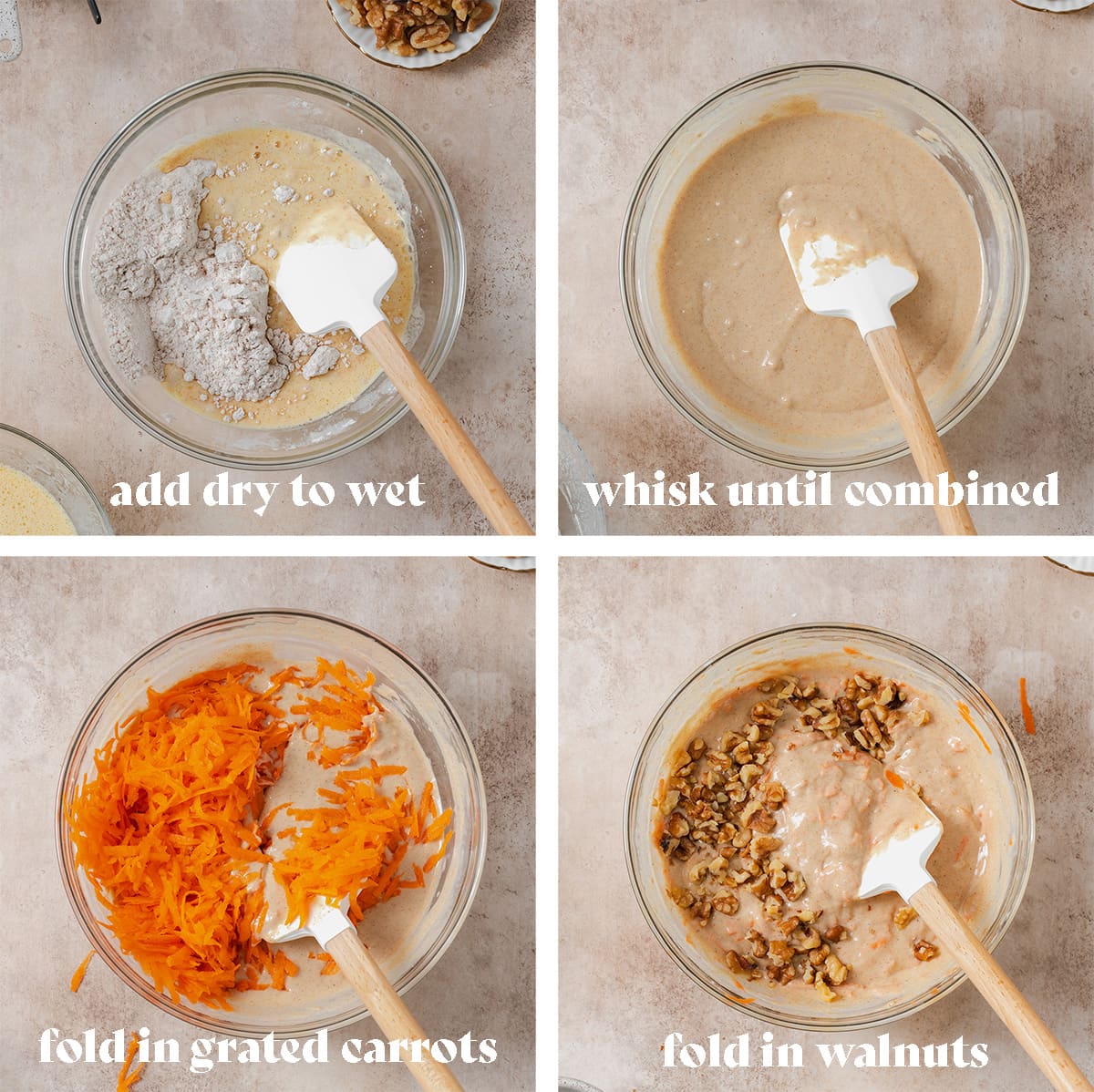 Four process photos of how to make carrot cake waffles step by step. Ingredients being mixed in a bowl.