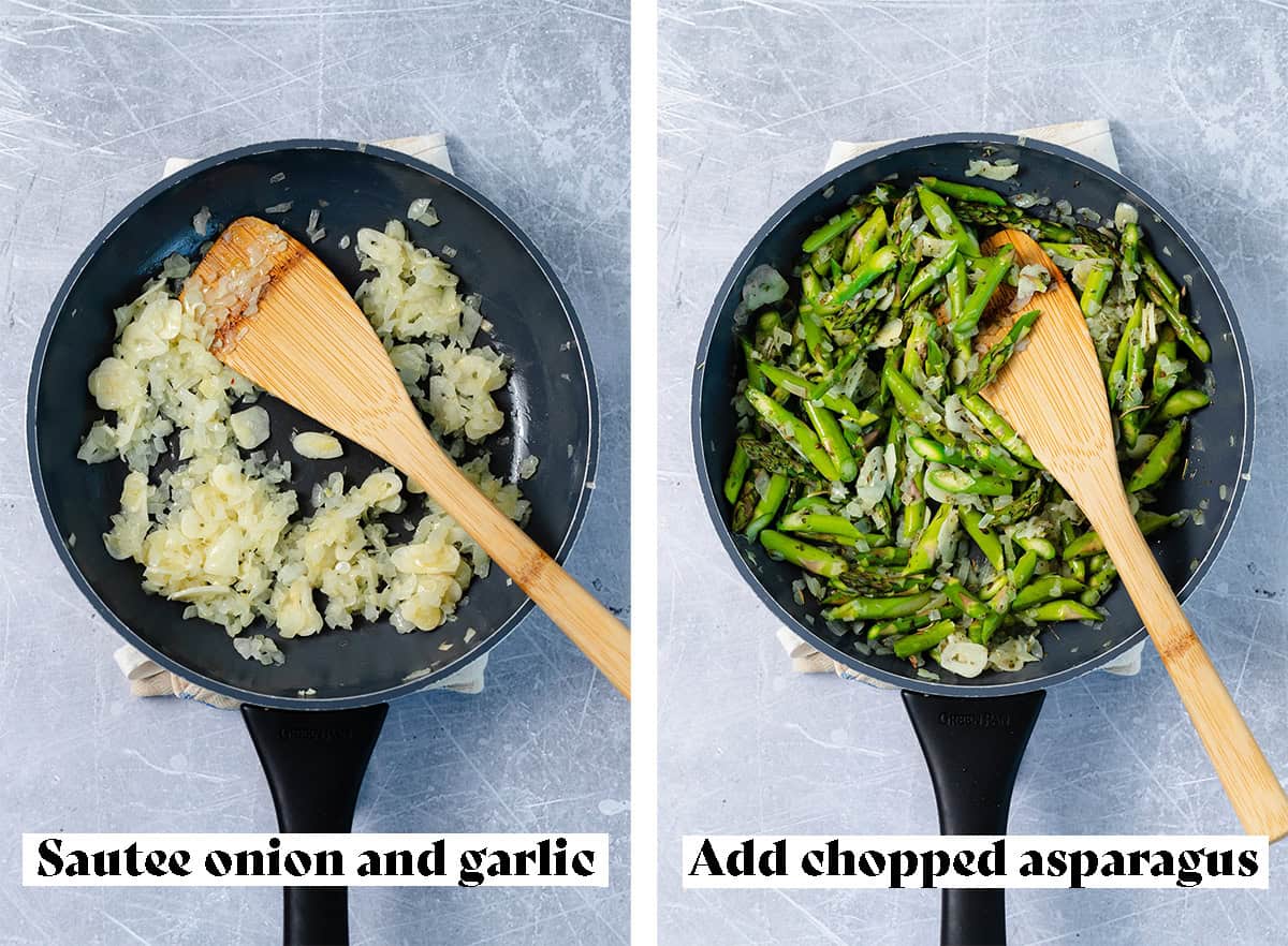 Two process shots of making of asparagus pasta. The photo on the left shows to sautee onion and garlic first. The second photo shots chopped asparagus added to the pan.