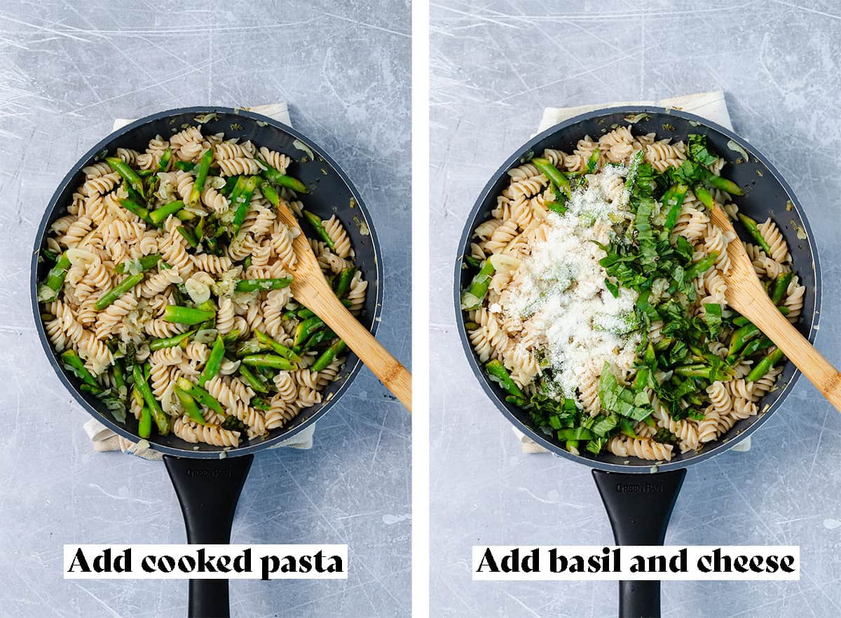 Two process shots of making of asparagus pasta. The photo on the left says to add cooked pasta to the onions, garlic, and asparagus. The photo on the right says to add cheese and fresh basil.