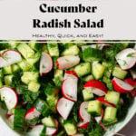 A salad made with chopped cucumber and radishes with fresh dill and lemon vinaigrette. On a light pink tile surface.
