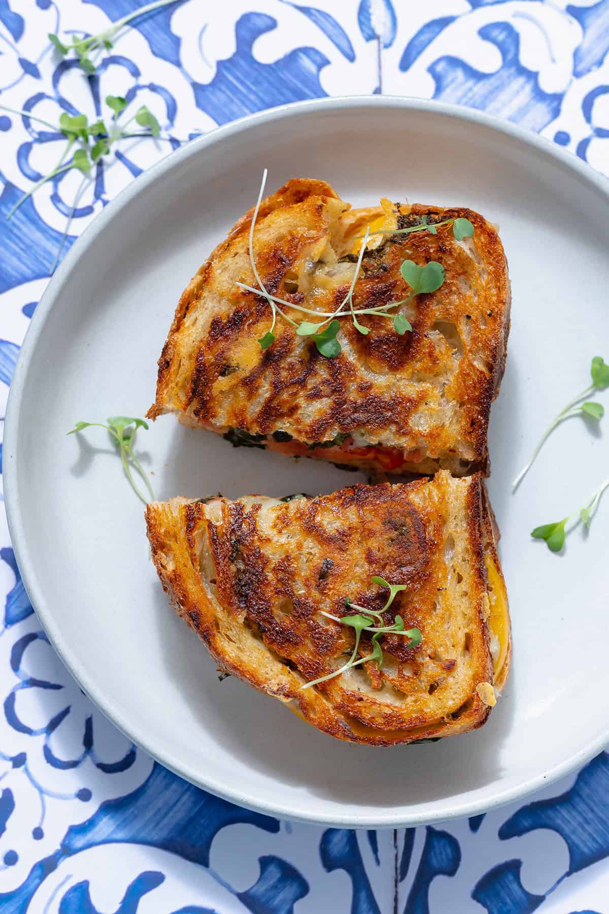 Two slices of tomato grilled cheese sandwiches on a white plate with a blue tile background under the plate. Photo taken from above.