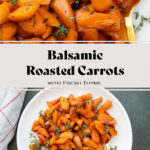 Two photos of Balsamic Roasted Carrots on white plate on a dark green background.