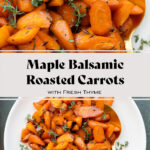 Two photos of Balsamic Roasted Carrots on a white plate with a gold spoon on a dark green background.