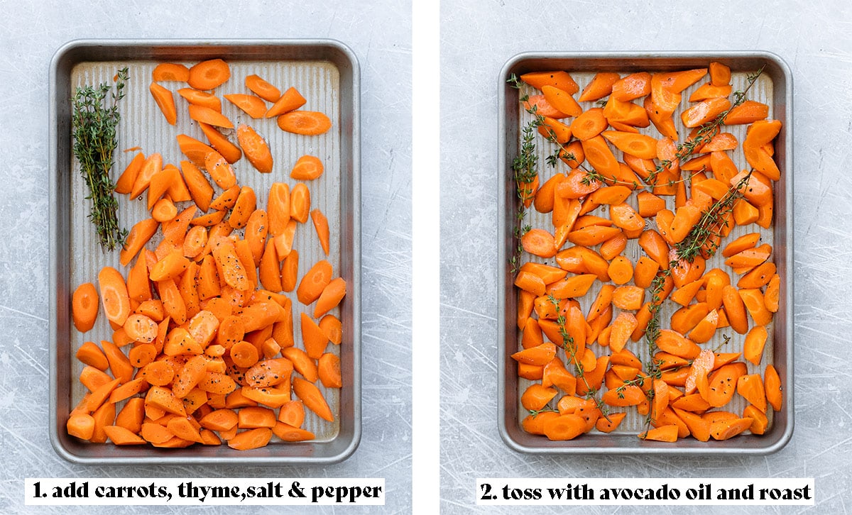 Two shots of the raw carrots on a baking sheet before and after tossing with seasoning.