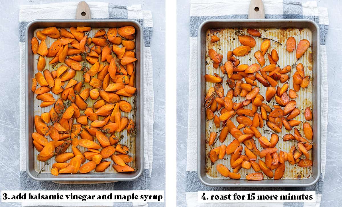 Two photos of the carrots on a baking sheet halfway through and after roasting.