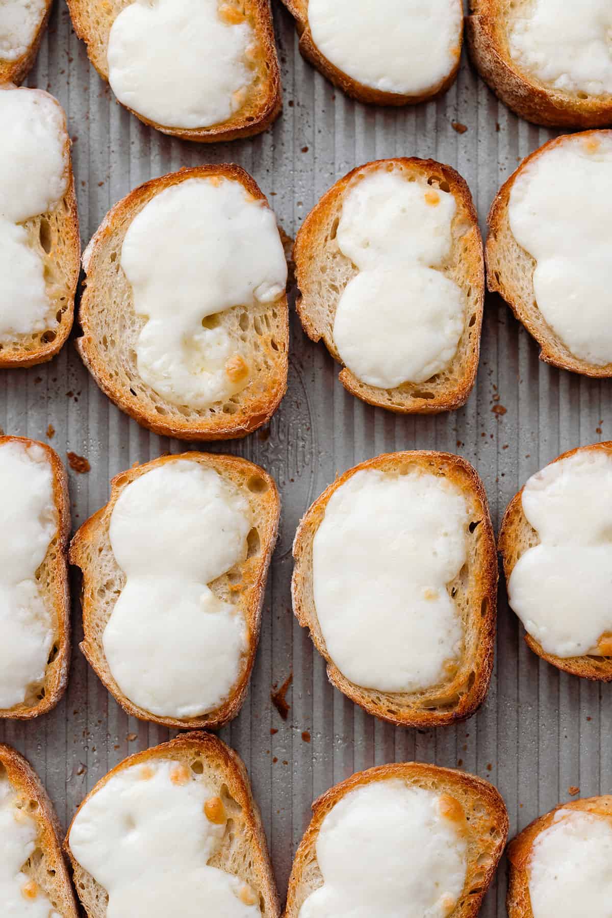 Toasted baguette slices with melted mozarella on a baking sheet.