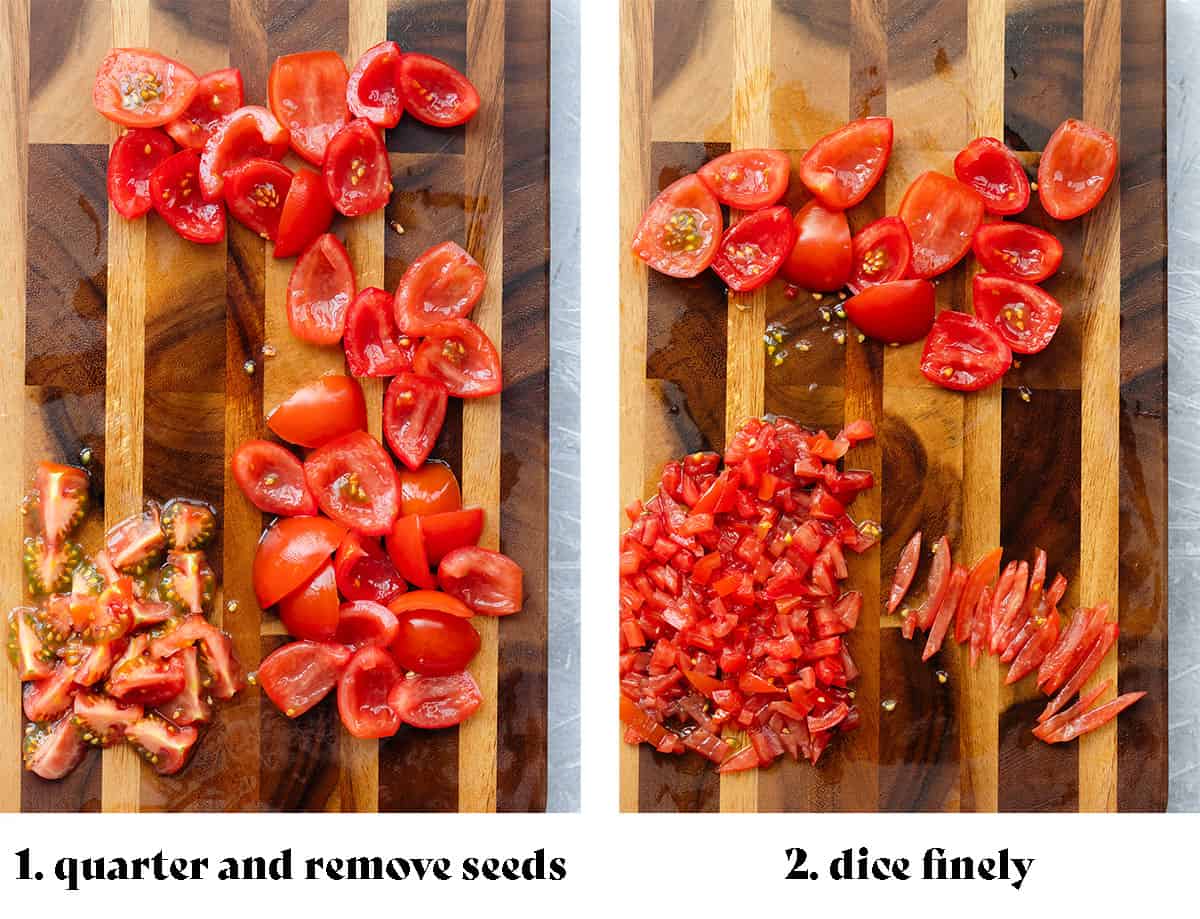 Two photos showing how to dice the tomatoes. On the left the photo says "1. quarter and remove seeds". On the left, the photo shows the tomatoes chopped and says "2. dice finely".