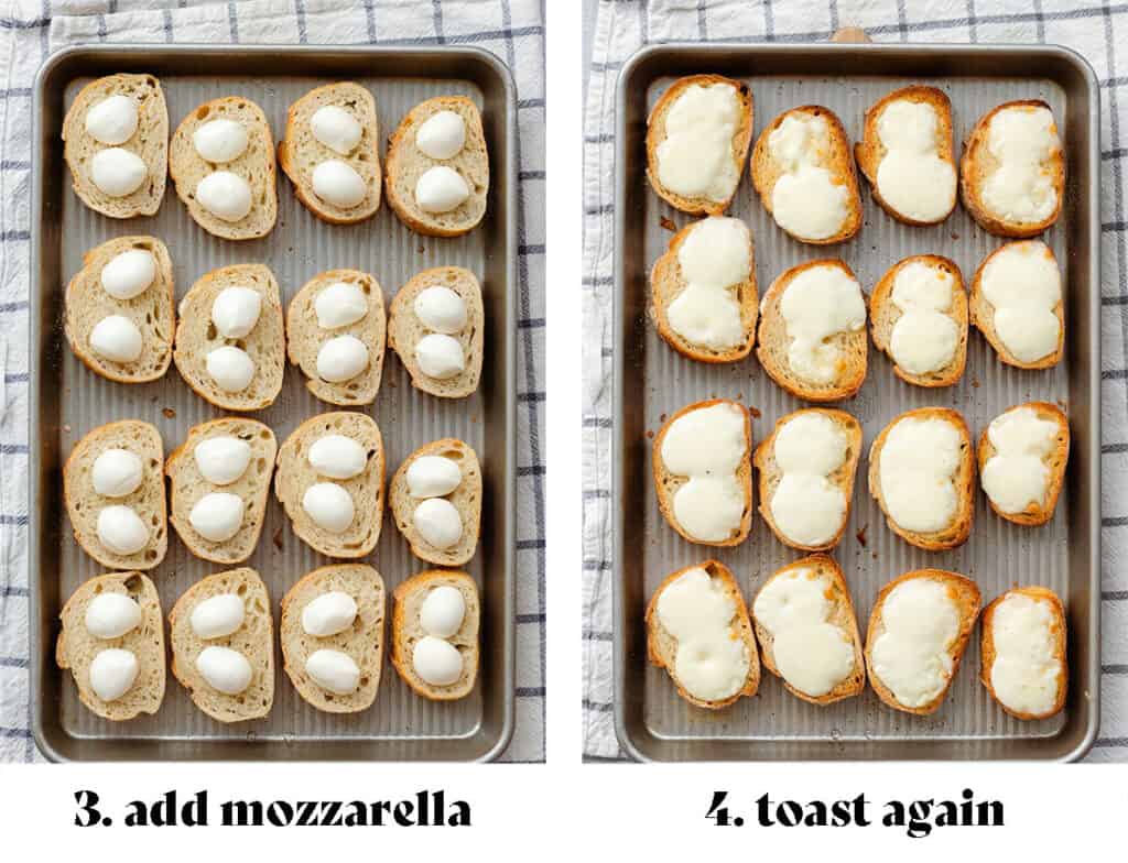 A process shot of toasting the baguette. On the left with fresh mini mozzarella before melting in the oven (text says "3. add mozzarella"). On the right after toasting, the cheese is melted (text says "4. toast again").