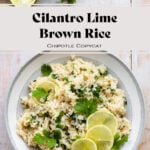 A photo of brown rice with cilantro and lime, decorated with lime slices. In a grey bowl with a white rim on a light wooden background.