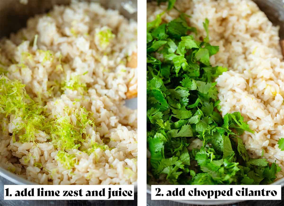 Two photos of the brown rice being cooked, the one on the left has lime zest added on top. The photo on the right has fresh cilantro on top of it ready to be mixed in.