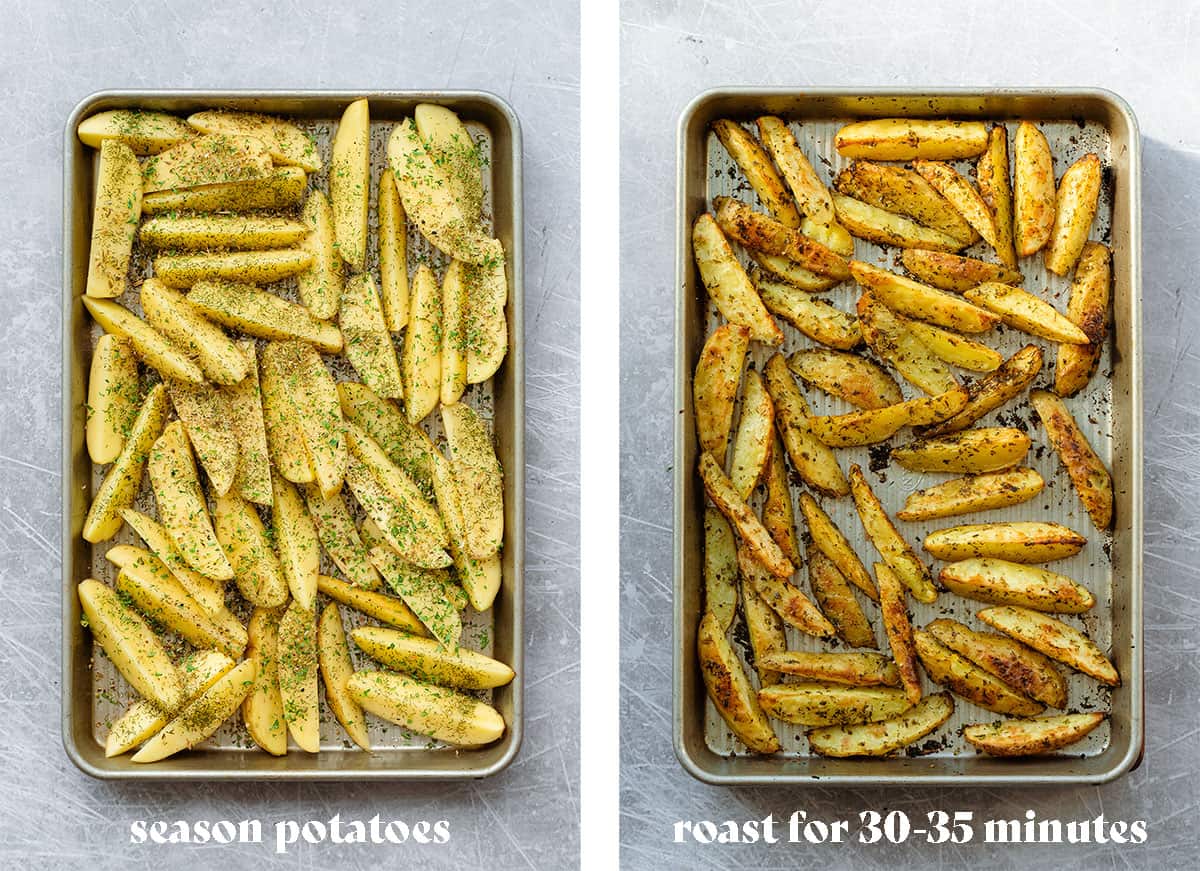 Two photos of the process of making Greek Fries Potatoes seasoned before roasting on the left and after roasting on the right.