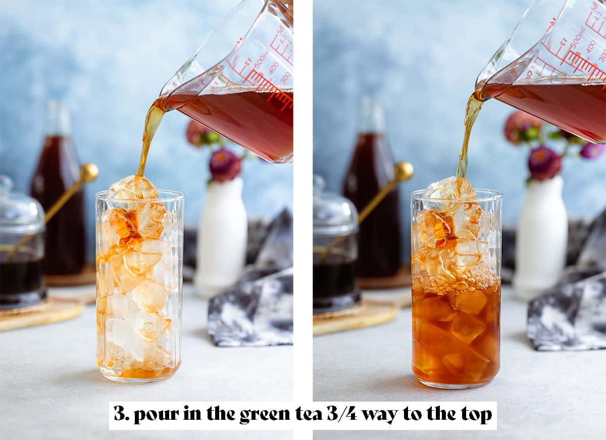 Chilled earl grey tea being poured over ice into a tall glass.