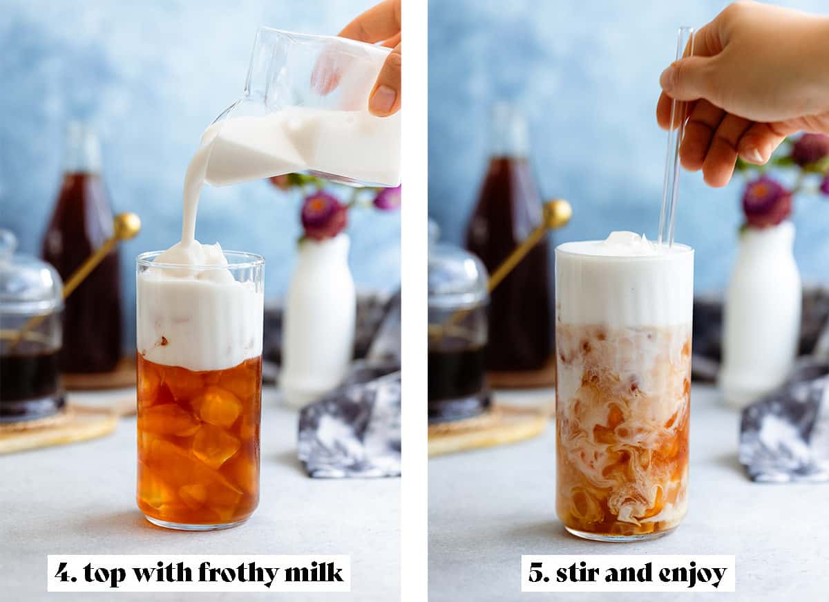 Frothy milk being poured into iced earl grey tea on the left and a hand mixing the two on the right.