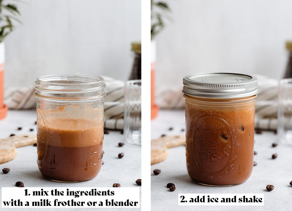 A mason jar with all the mocha ingredients shaken with ice.