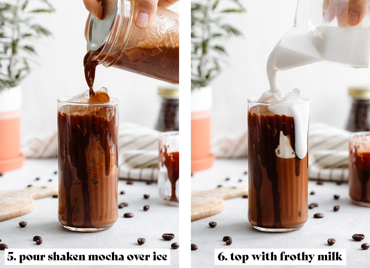 Iced mocha being poured into a tall glass over ice and topped with frothy milk.