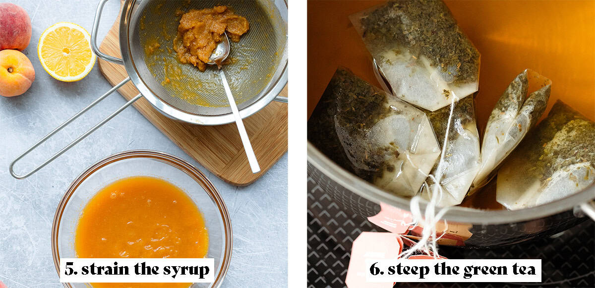 Third process shot collage - 5. strain the syrup, 6. steep the green tea