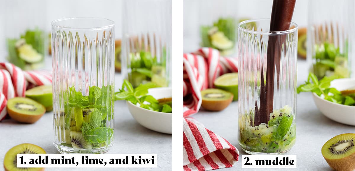 Two process shots showing how to make kiwi mojito - step 1: add mint, lime, and kiwi, step 2: muddle.