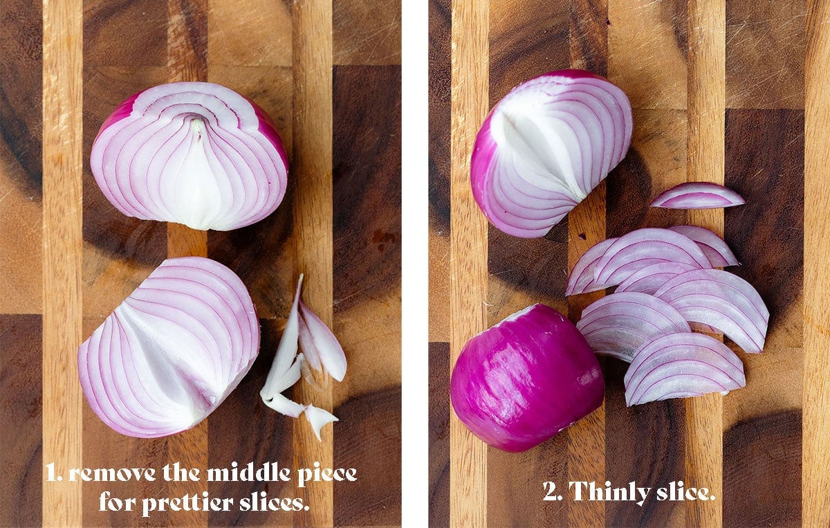 A photo of how to thinly slice a red onion.