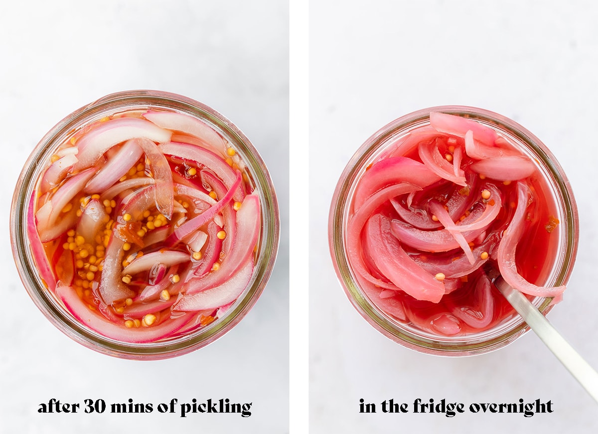 Process shots of how the pickled onions look 30 mins after pickling (on the left), and overnight (on the right).