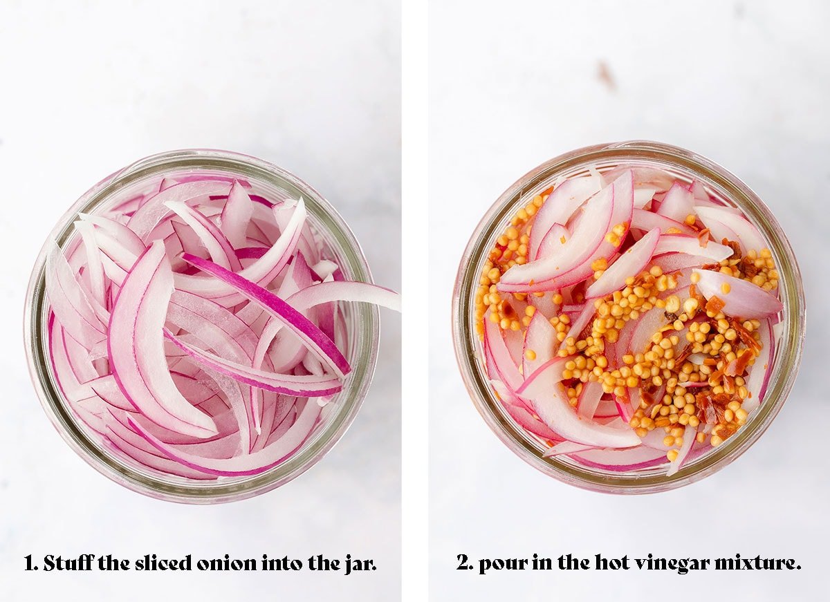 Process shots - a mason jar stuffed with sliced red onion on the left, the sliced onion covered with the boiling vinegar on the right.