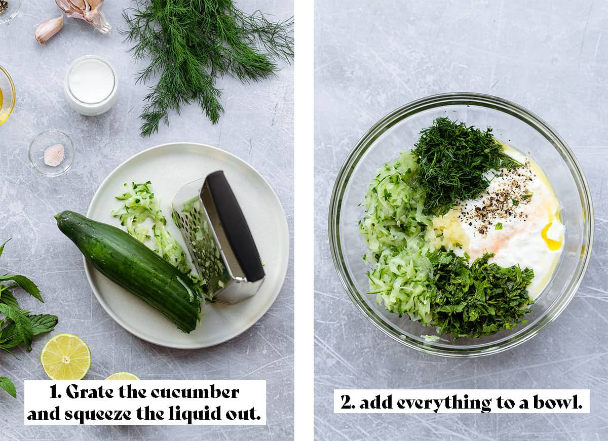 Two process shots. On the left there is cucumber being grated on a white plate. There is dill, mint, garlic, limes, greek yogurt, and salt all around.