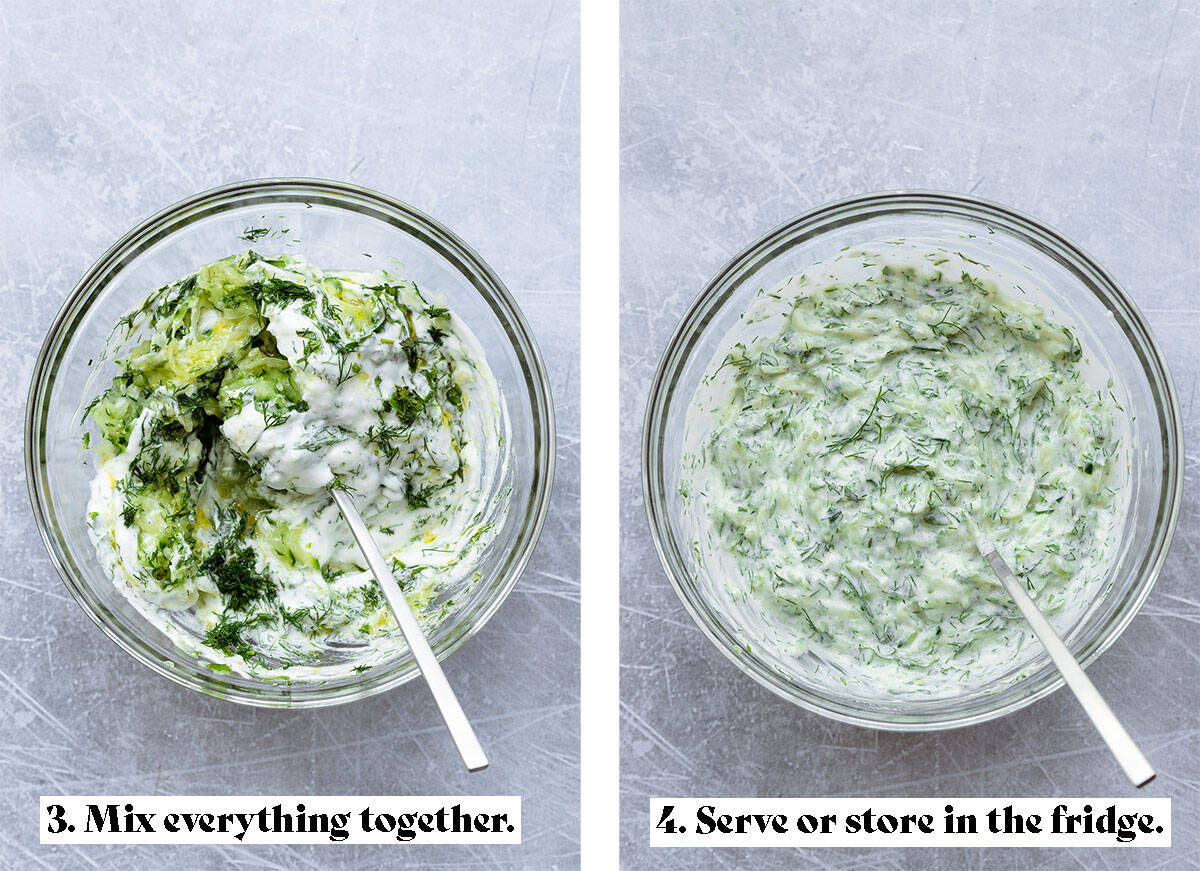 Two process shots of making tzatziki sauce. One of ingredients in a glass bowl before mixing, the other after it's all mixed.