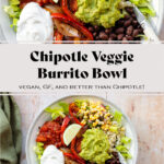 A photo of veggie burrito bowl in a grey bowl with a white rim on a light wooden background with a green kitchen towel on the left. In the bowl there is brown rice, corn salsa, tomato salsa, sour cream, guacamole, black beans, and roasted peppers. It says "Chipotle copycat veggie burrito bowl" in the photo.