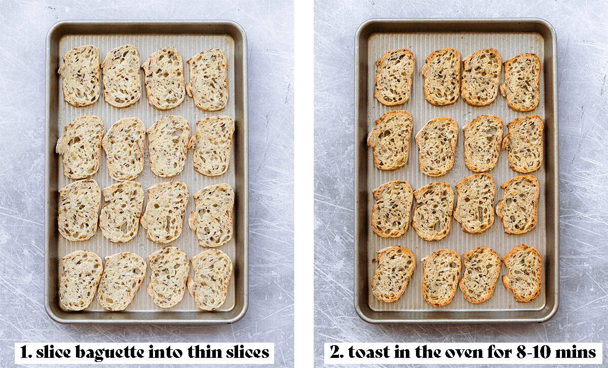 Thin slices of a baguette on a baking sheet.