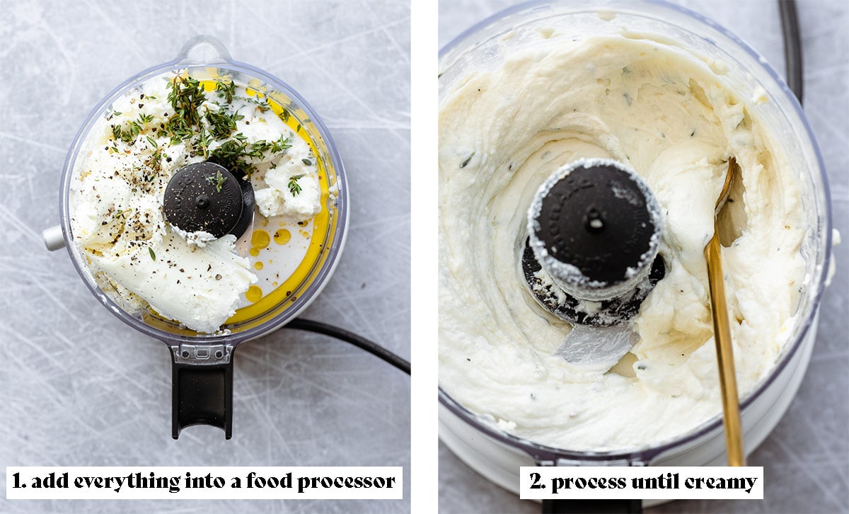 Two process shots of before and after whipping the goat cheese