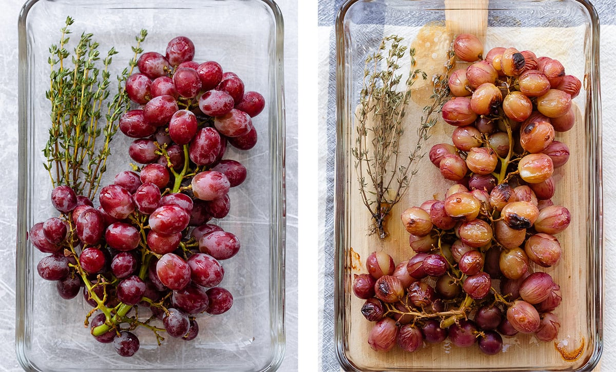 Grapes before and after baking in a small glass baking dish.
