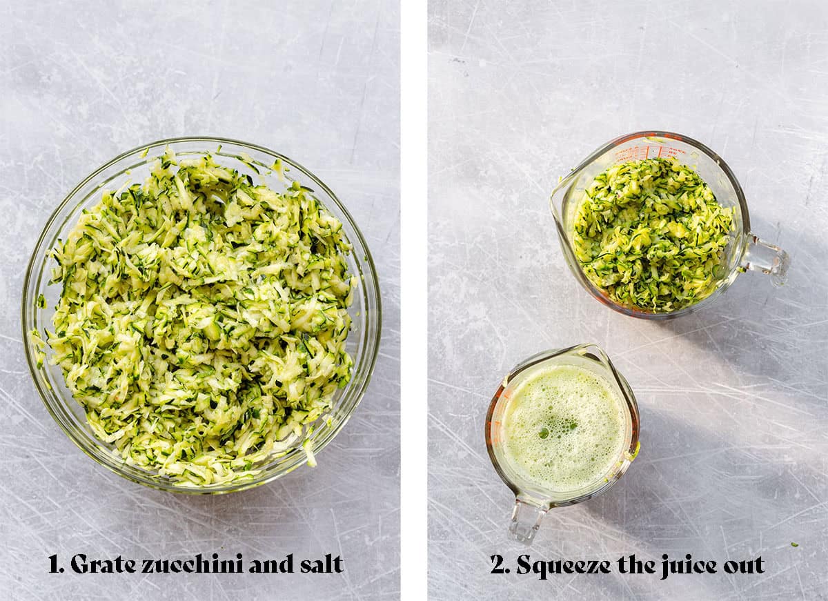 Two photos, on the left a photo of grated zucchini in a glass bowl. On the right there are two glass measuring cups. One with grated zucchini and the other with zucchini juice squeezed out of the zucchini.