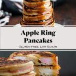 Apple ring pancakes drizzled with maple syrup.