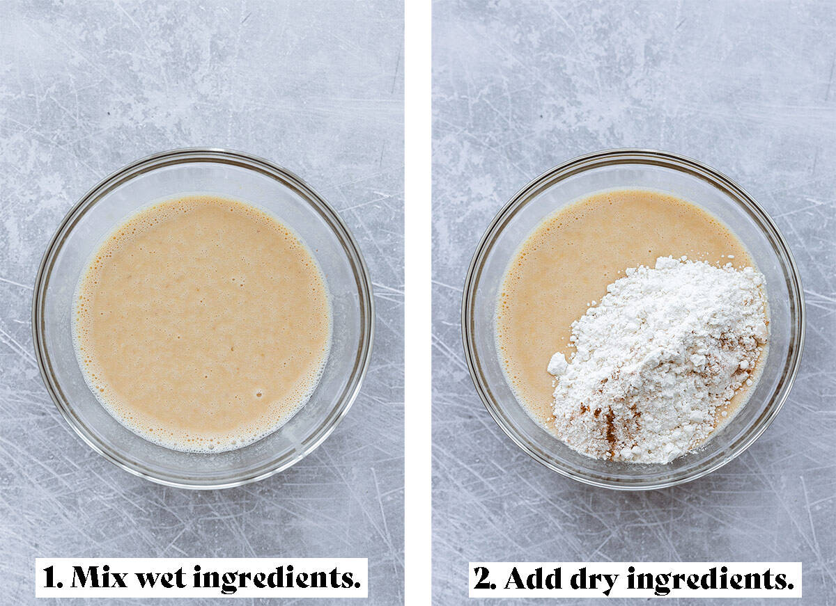 Wet ingredients mixed in a glass bowl on the left and flour being added on the right.