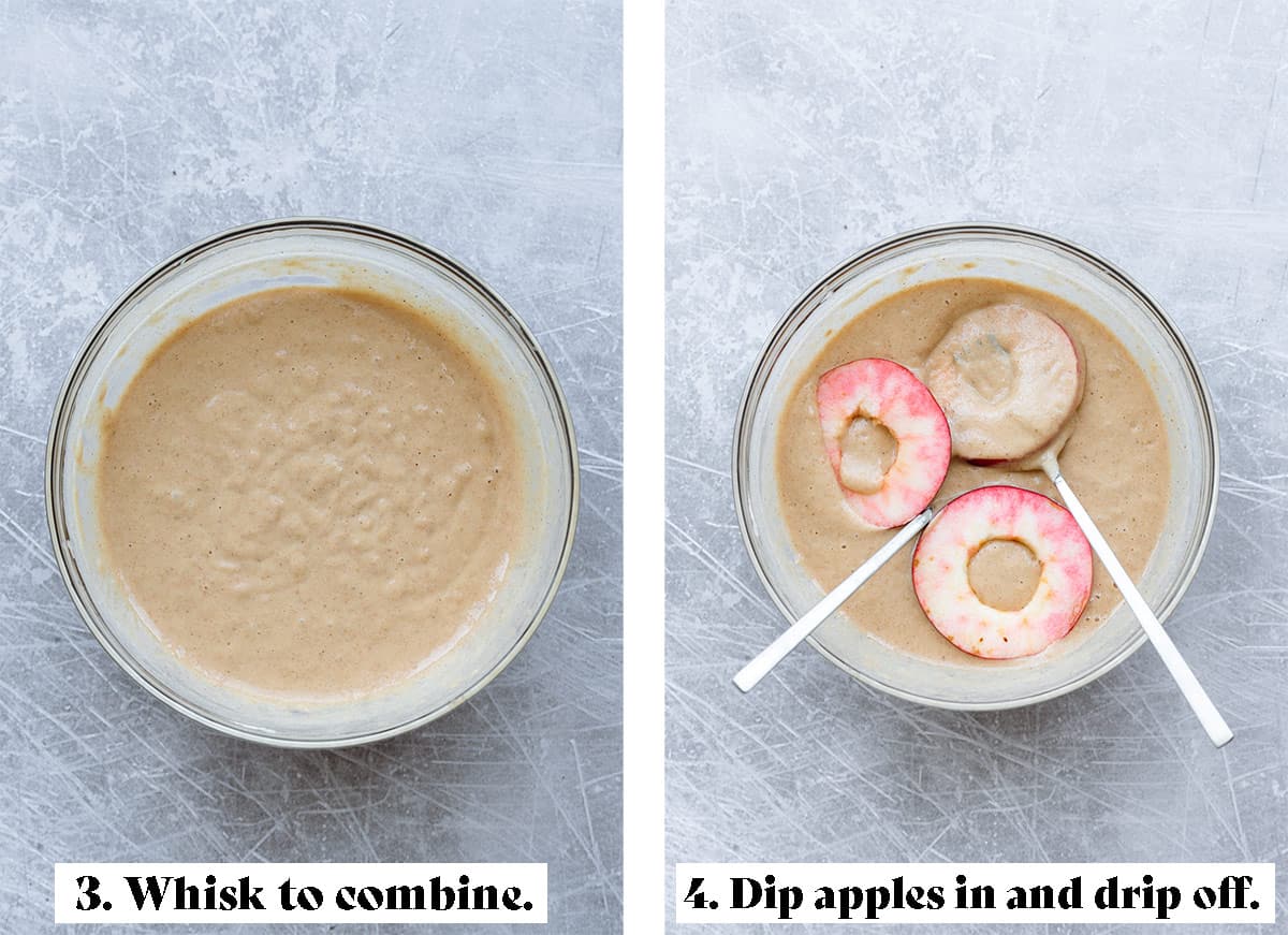 Finished batter on the left and apple rings being dipped in on the right.