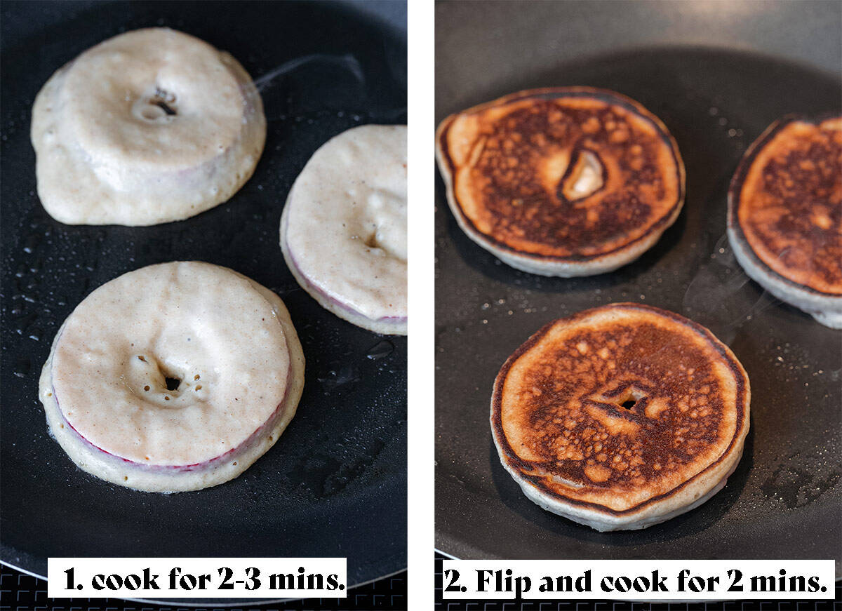 Two photos of cooking pancakes on a shallow pan.