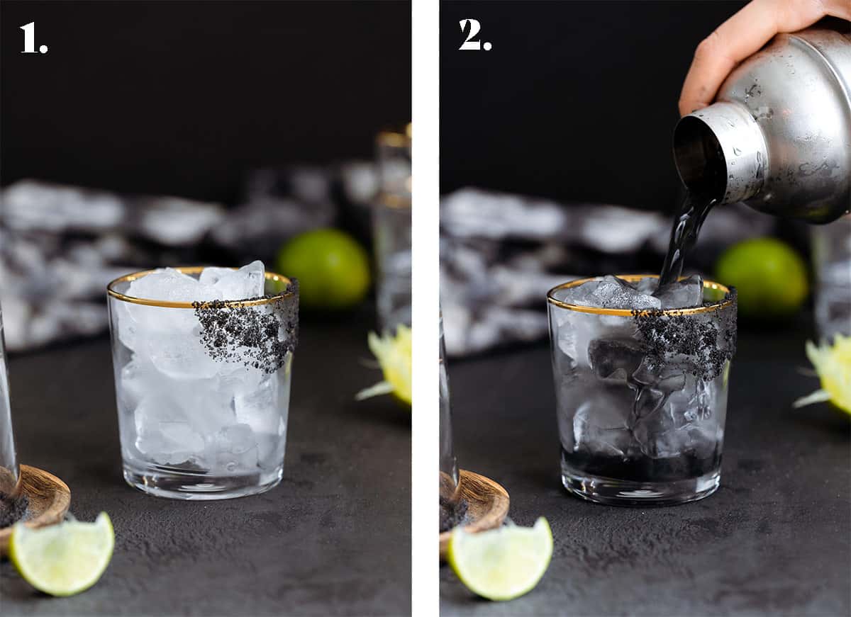 A photo a glass with ice and another of black margarita being poured over ice into a glass with black salt rim.