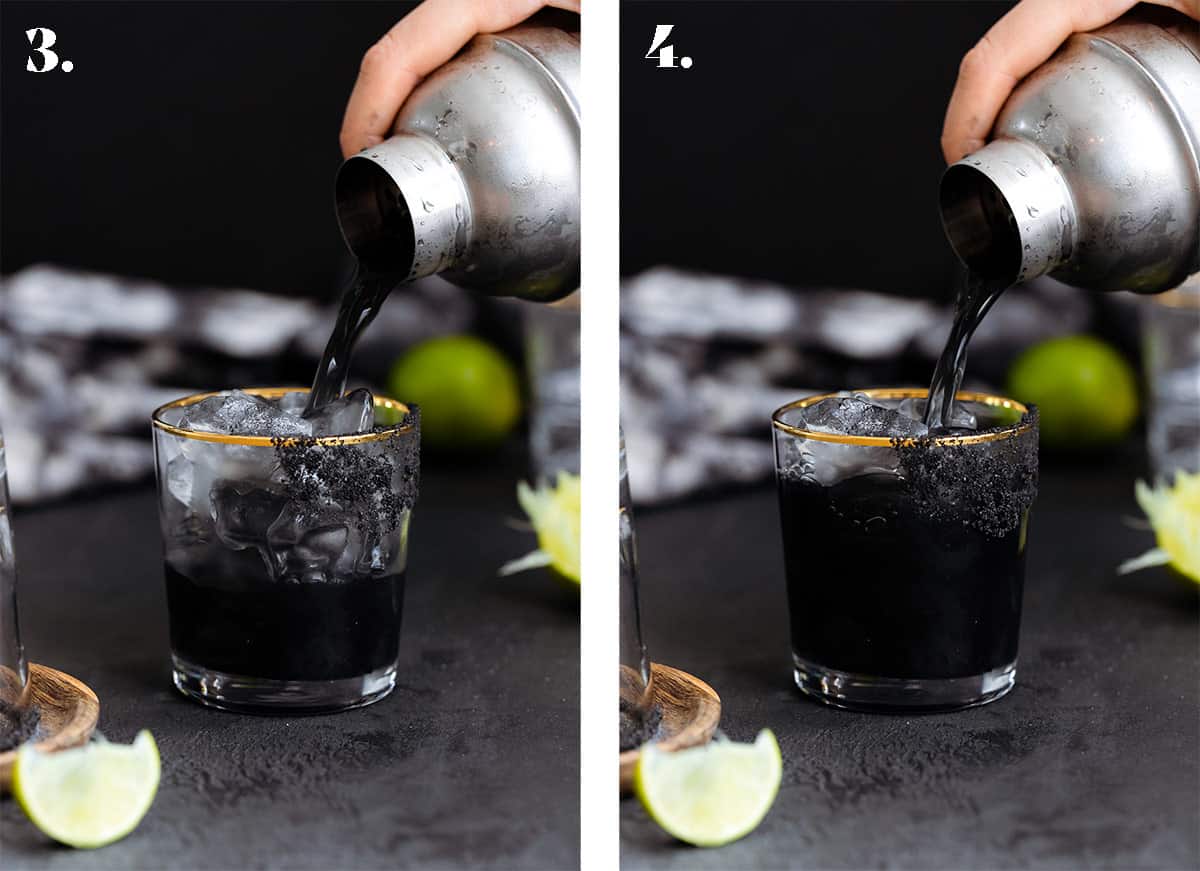 Two photos of black margarita being poured over ice into a glass on a black background.