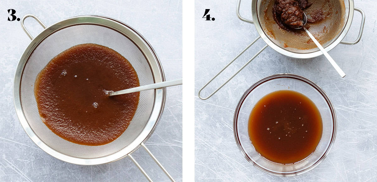 Making of apple syrup one photo strains the syrup and the other one shows it strained.